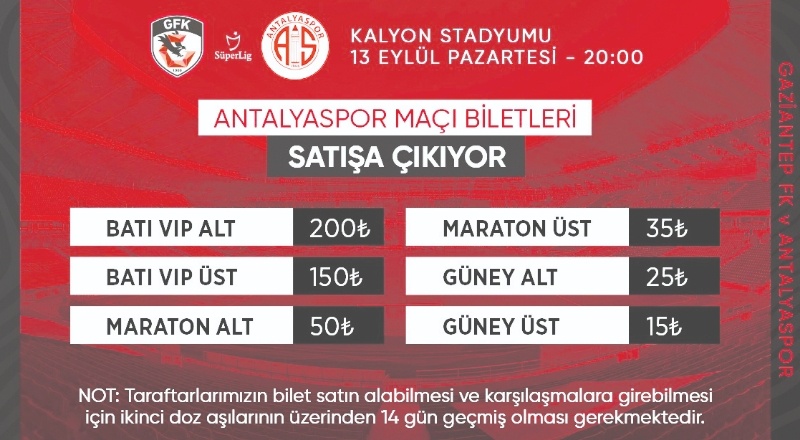 Gaziantep FK- Antalyaspor maçının biletleri satışa çıktı