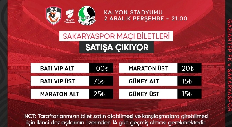 Gaziantep FK, Sakaryaspor maçının biletleri satışa çıktı